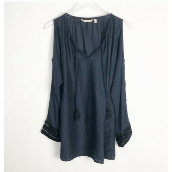 SOFT SURROUNDINGS Chandra Small Navy Blue Open Cold Shoulder Top Embellished - Picture 2 of 12